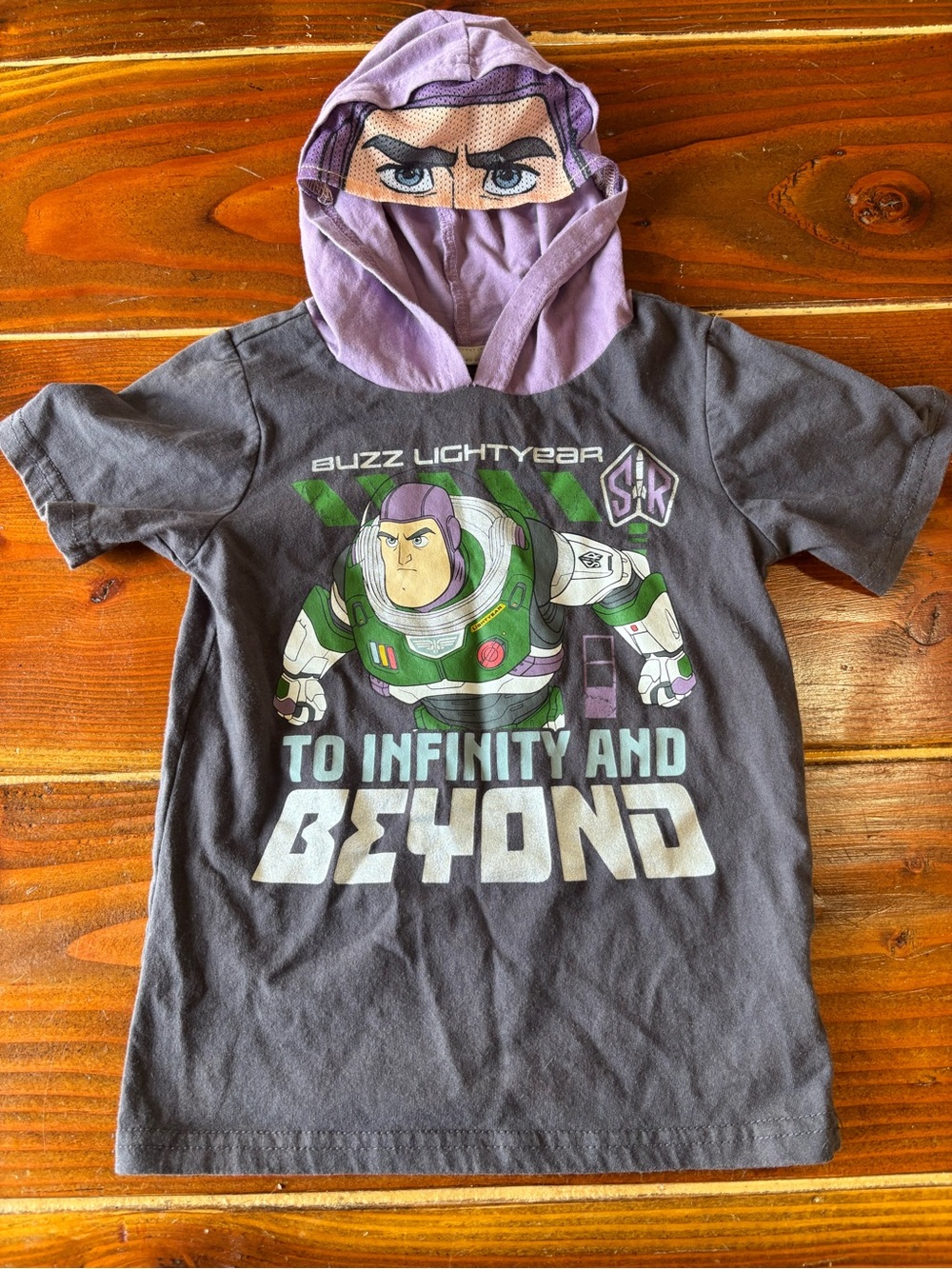Disney Buzz Lightyear Gray & Purple Short Sleeve Hooded Tee